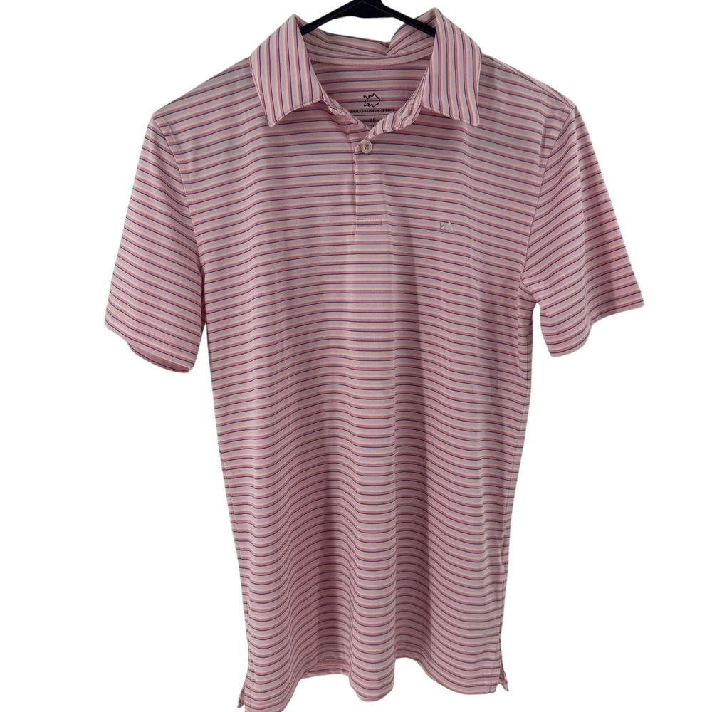 Southern Tide Mens XL Pink Blue Striped Performance Golf Polo Shirt Skipjack - Picture 2 of 8